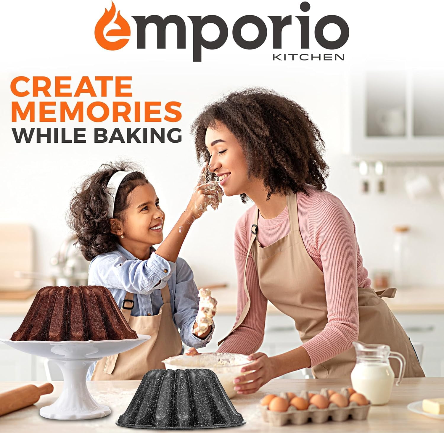 Gray Marble Nonstick Aluminum Fluted Cake Pans – Two-Layered Coating, Oven Safe up to 450°F, Includes Recipe Booklet, Fountain & Crown Designs