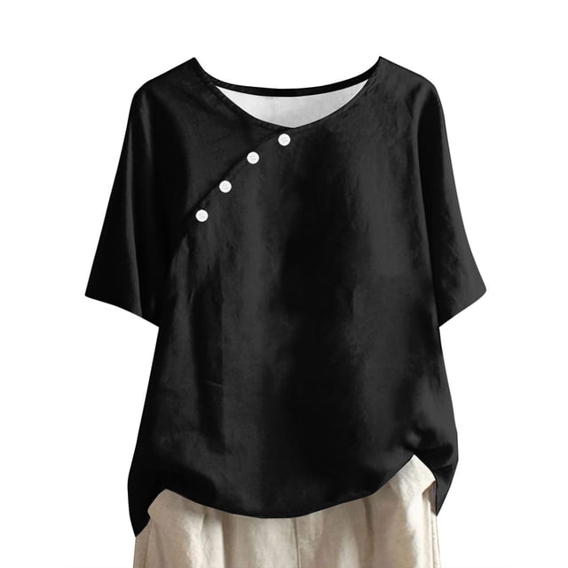 Timegard Hauts Grande Taille pour Femmes Col Rond à Boutons Blouse Ample Chic Décontractée Manches Courtes Hauts Chemises