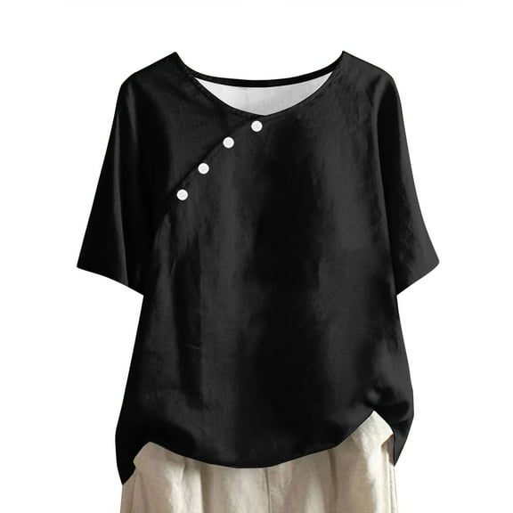 Lovskoo Linen Summer Tops for Women 2024 Round Neck Short Sleeve Solid Color Casual Button Top Black