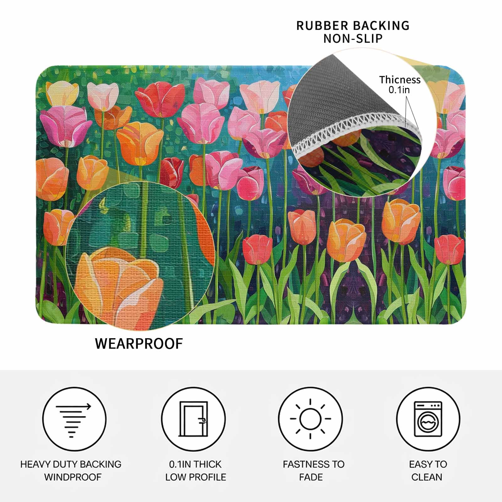 Colorful Spring Floral Doormat Outdoor Entrance 18"x30", Summer Botanical Oil Painting Absorb Moisture Dirt Door Mats, Non-Slip Rubber Backing Floor Mats Indoor, Low-Profile Front Door Rugs