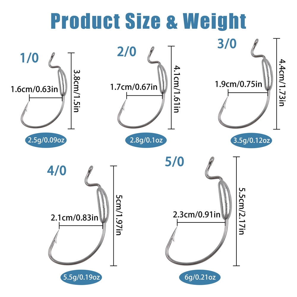 10Pcs Weighted Worm Hook Saltwater Offset Curved Crank Wide Gap Fishing Hooks for Bass Jig fishing rig kit 2.5g 2.8g 3.5g 5g 6g
