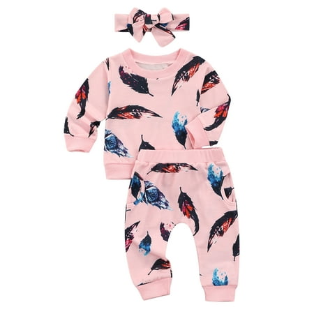 

Seyurigaoka Baby Feather Print Clothes Set O-neck Tops+Long Pants+Headband