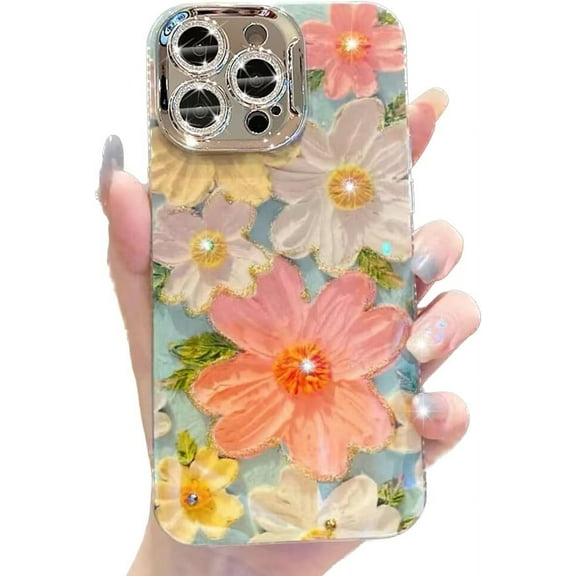 Floral Case for iPhone 15 Plus,Cute Colorful Retro Oil Painting Printed Flower with Glitter Bling Sparkly Camera Protector Soft TPU Protective Case for Girls Women for iPhone 15 Plus (Green)