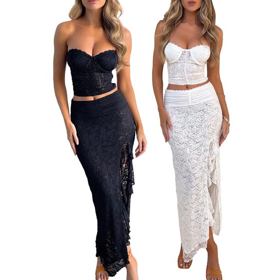 Baby Sweetie Women 2 Piece Outfit Elegant Floral Lace Strapless Tube Tops and Splits Skirt Going Out Clothes
