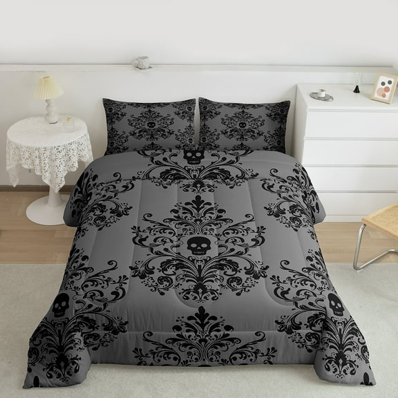 jejeloiu Damask Victorian Flower Bedding Comforter Set,Halloween Skleleton Twin Comforter Sets,Gray Black Bedding Set For Men Women,Lightweight Room Decorative Reversible,2 Pieces
