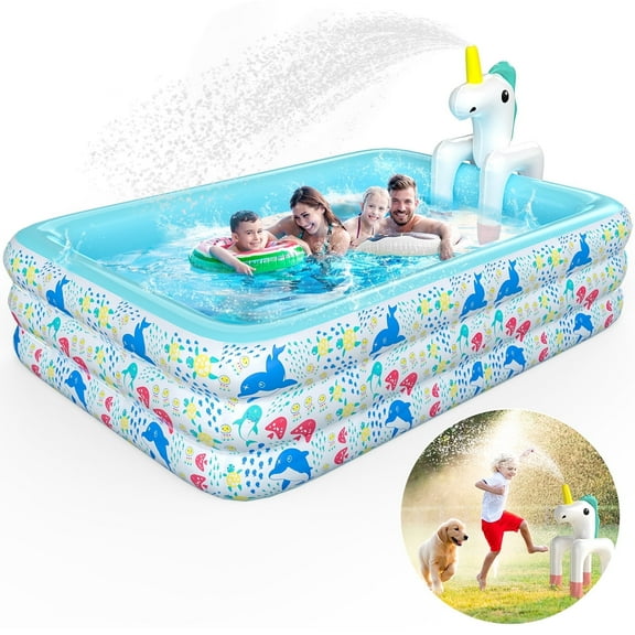 WonderStone 2 in 1 Inflatable Pool with Sprinkler, 94''x 65''x 24'' Oversizd Thickened Family Swimming Pool, Blow up Pool for Adult Kids Children Summer Outdoor Garden Backyard