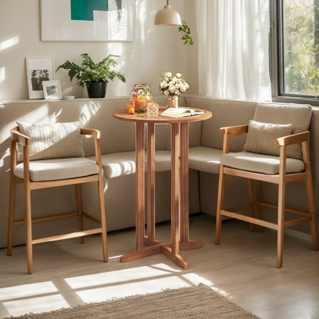 GVN 39 Inch Outdoor Acacia Wood Bar Table with Slatted Table Top