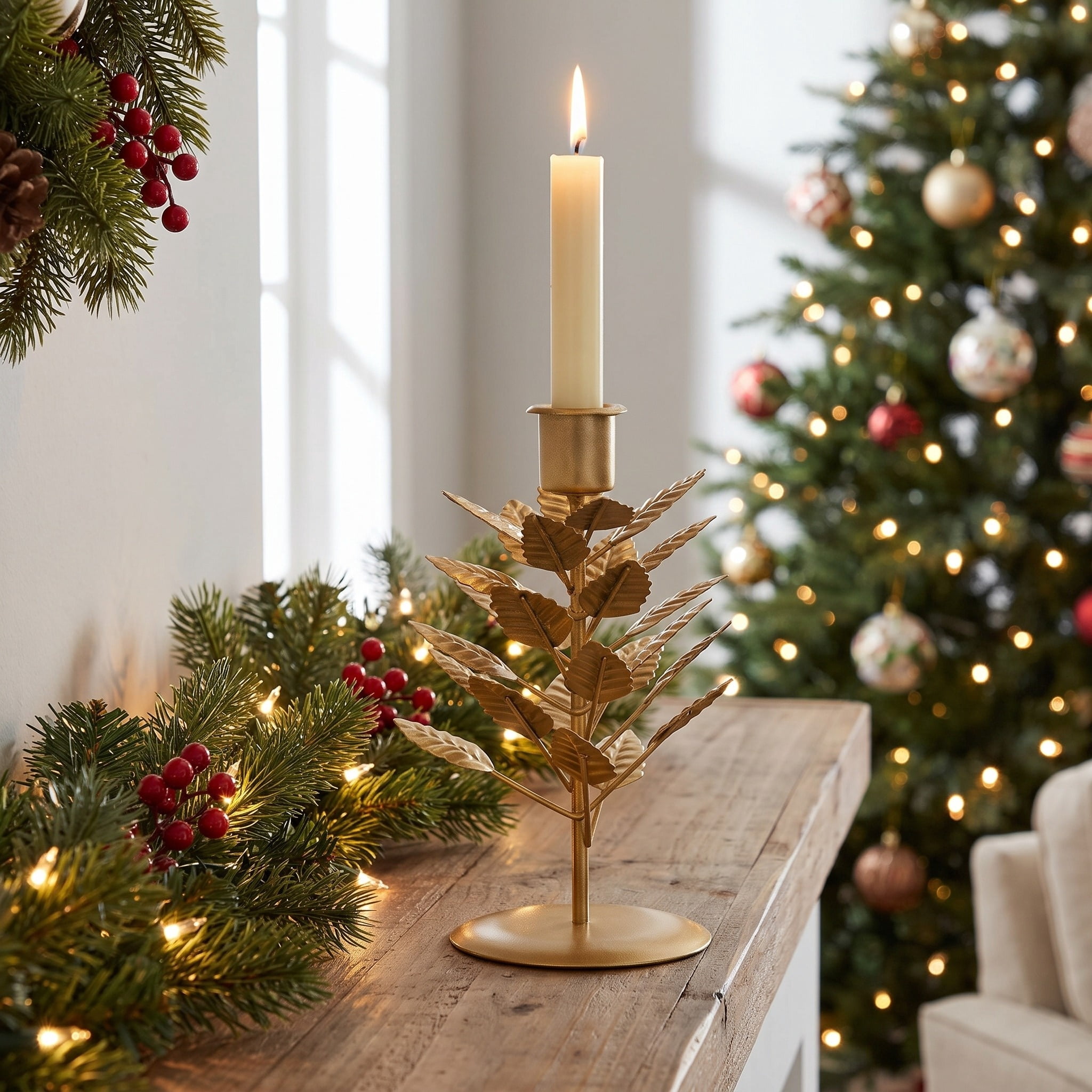 Small Gold Leaf Metal Christmas Taper Candle Holder, 6.3", by Holiday Time