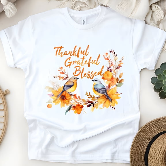 Thankful Grateful Blessed T-Shirt | Fall Birds and Floral Graphic Tee, White, Size S
