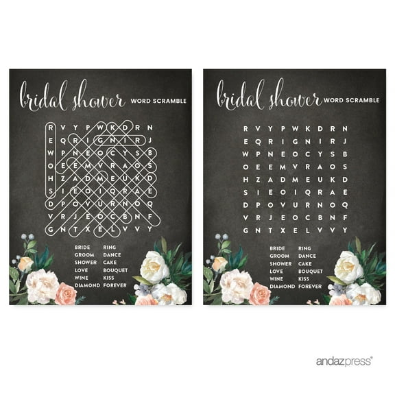 Peach Chalkboard Floral Garden Party Wedding Collection, Word Search Bridal Shower Game Cards, 20-Pack