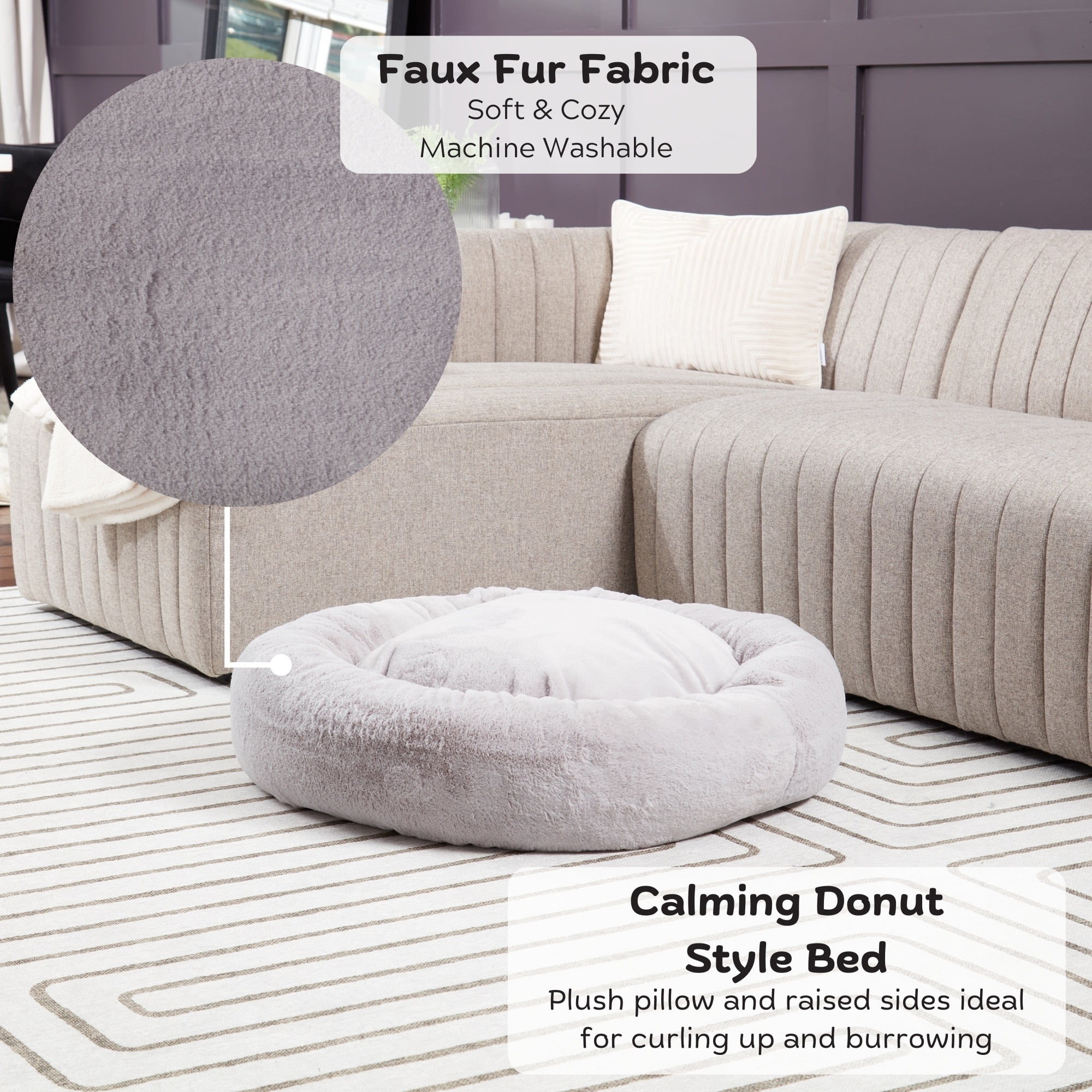 Ryder Faux Fur Cuddler Donut Bed, Medium, Whisker Gray