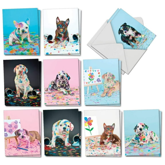 Dirty Dogs - 20 Puppy All Occasion Blank Cards with Envelopes (4 x 5.12 Inch) - Naughty Paint Covered Pet Dog Photos - Boxed Set of Assorted Note Cards for Kids (10 Designs, 2 Each) AM7217