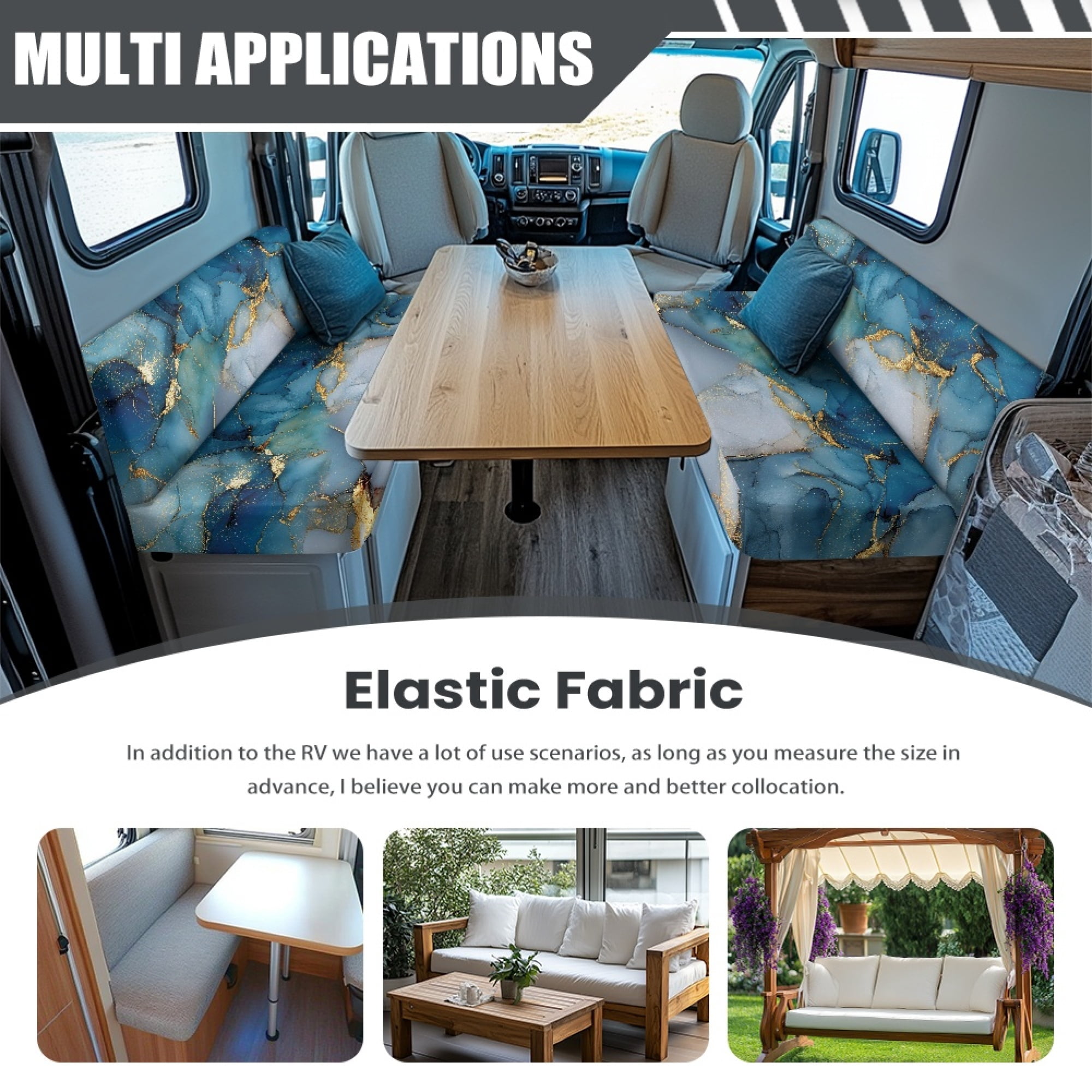 FOR U DESIGNS Blue Gold Marble Pattern 2 Pcs RV Dinette Cushion Covers Replacement RV Dinette Booth Seats Cover Elastic Sofa Chair Cover Furniture Protector for RV Camper Car Bench