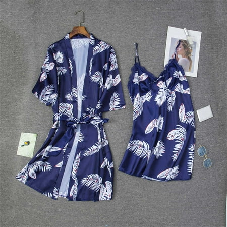 

Honeeladyy Women Two Piece Lingerie Set Silk Satin Printed Temptation Babydoll Underwear Sleepwear Camisole Nightdress + Nightgown Robe Suit sexy lingerie clearance under $3.00