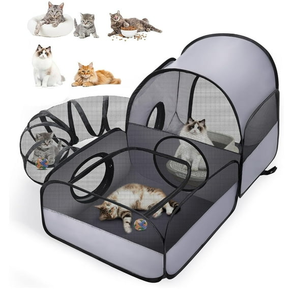 Portable Pet Playpen with Surround Tunnel, 2-Linked-Enclosed Areas Outdoor Cat Enclosure, Outdoor/Indoor Cat Playpen with Breathable Soft Sides, Cat Tent for Small Animals