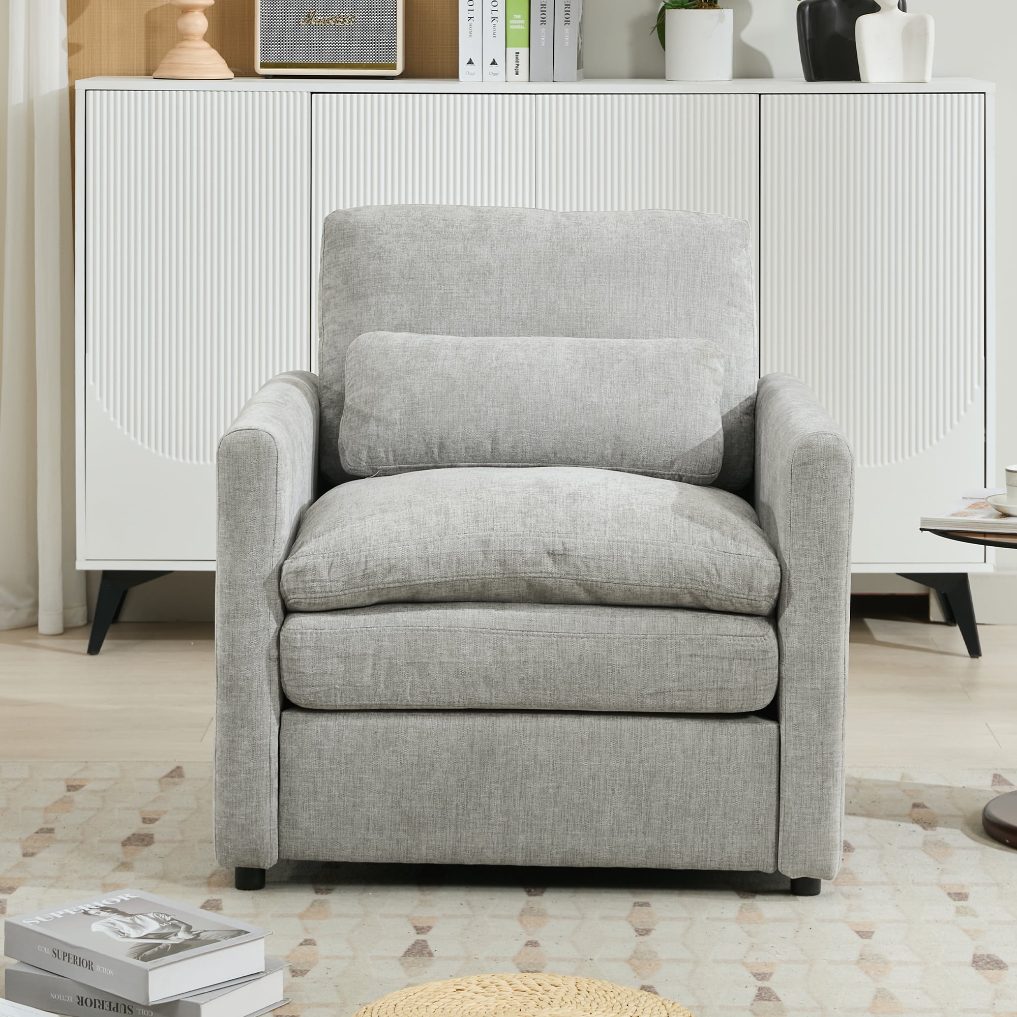 Euroco Modern Chenille Accent Armchair with Double-Layered Cushion, Detachable Lumbar Pillow & Ergonomic Armrests, Neutral Fabric Upholstery