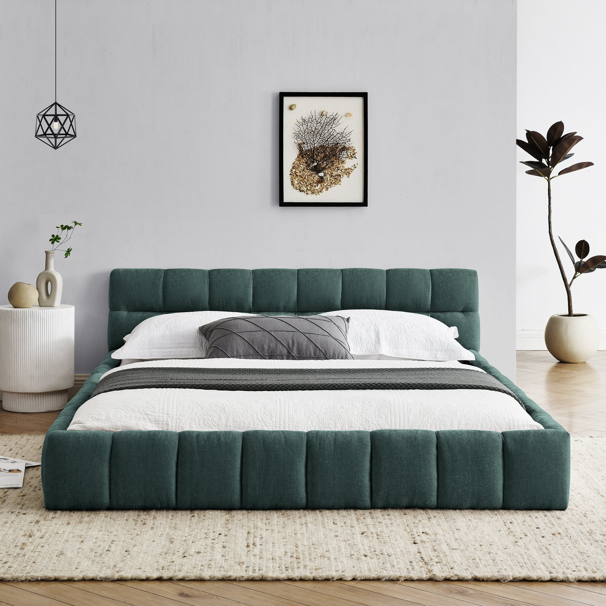 GAKMCIL Modern Queen Size Bed Frame, Chenille Fabric Grounded Queen Size Low Platform Bed with Headboard and Thick Fabric, Easy Assembly, No Box Spring Needed (Green 68''*86.5''*23.5'')