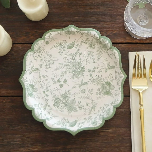 Efavormart 25 Pack White Sage Green Floral Leaf Print Dessert Paper Plates with Scalloped Rim, 8" Round Disposable Appetizer Salad Plates - 300GSM