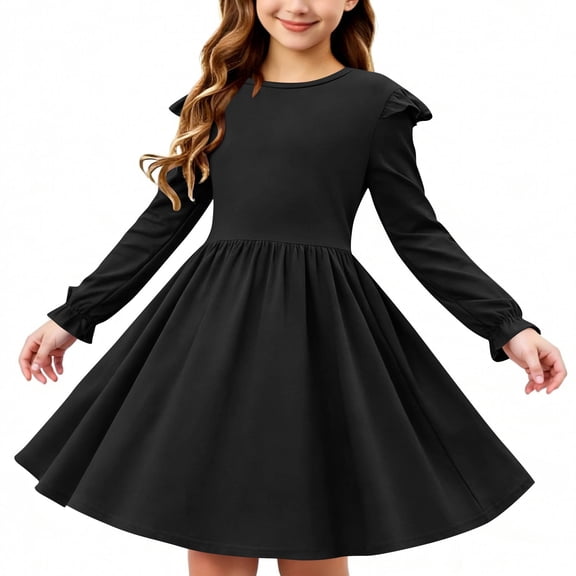 Girls Long Sleeve Stretchy A-Line Skater Dress with Twirly Skirt for School or Recital
