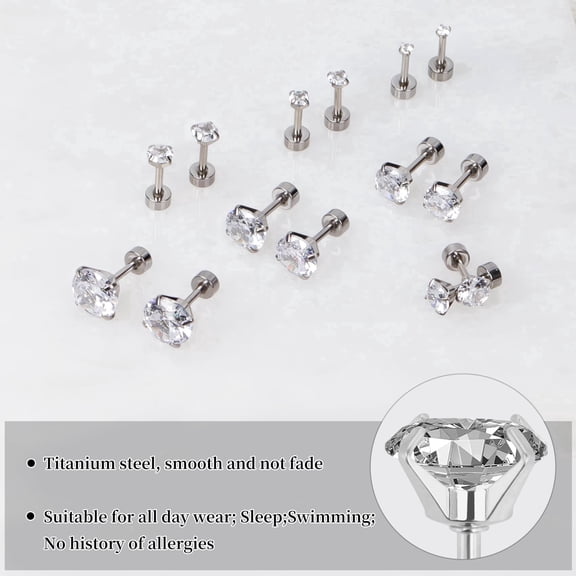7 Pairs Push-in Cubic Zirconia Flat Back Hypoallergenic Stud Earrings, Plated Surgical Steel Flat Back Earrings Simulated Moissanite Diamond Studs Set for Women Men