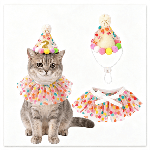 CYFW Cat Birthday Outfit with Cat Birthday Hat & Colourful Dots Tulle Tutu for Girl Cat, Cat Birthday Outfit Pink