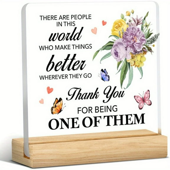 Acrylic Thank You Sign with Wooden Stand - Appreciation Desk Decor for Teachers, Nurses - with Floral and Butterfly Design, Gift for Office and Home Use, Office Desk Decor