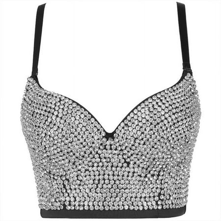 Women Glitter Diamond for Rhinestone Push Up Bra Bustier Underwire Padded Spaghetti Strap Camisole Sexy Punk Corset Crop