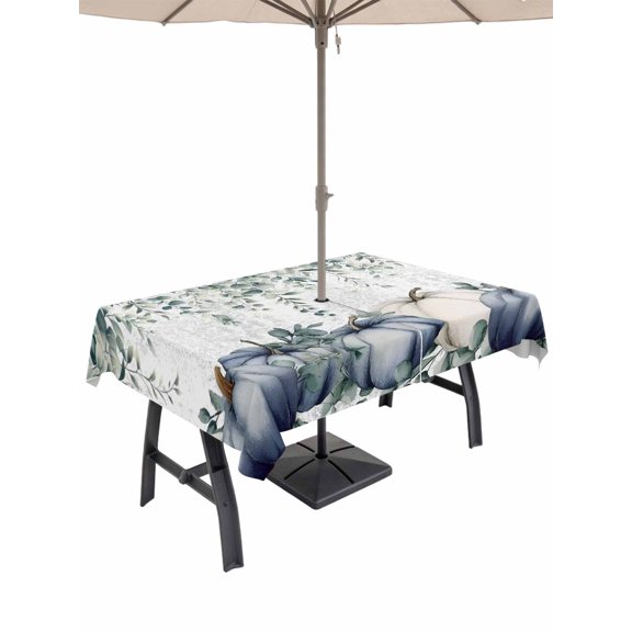 Outdoor Tablecloth with Umbrella Hole and Zipper, Blue Pumpkins Fall Rectangle Table Cloth 60x84 Inch Waterproof Tablecloth, Vintage Eucalyptus Leaves Thanksgiving Picnic Table Cover for Patio