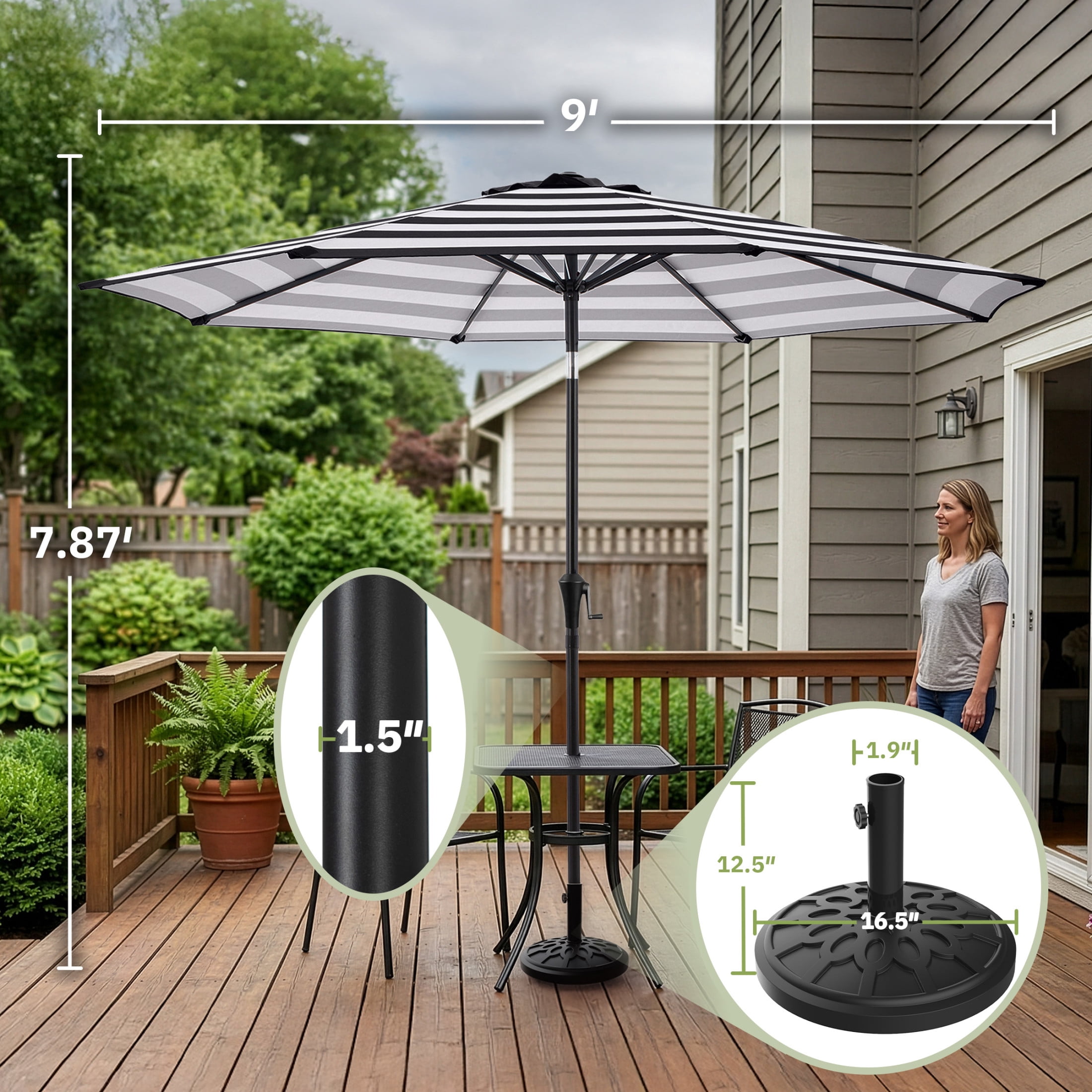 Pure Garden 9 Ft Patio Umbrella with 19lb Outdoor Base Included, Black Stripe