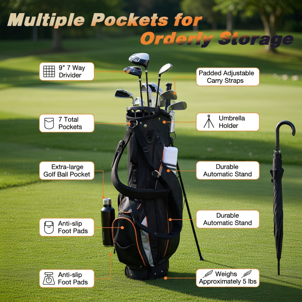 Demifill 9 Inch Golf Bag with 7 zipper pockets, Golf Stand Bag Divider Carry Pockets Storage, Small Lightweight Golf Bag for Outdoor, Black