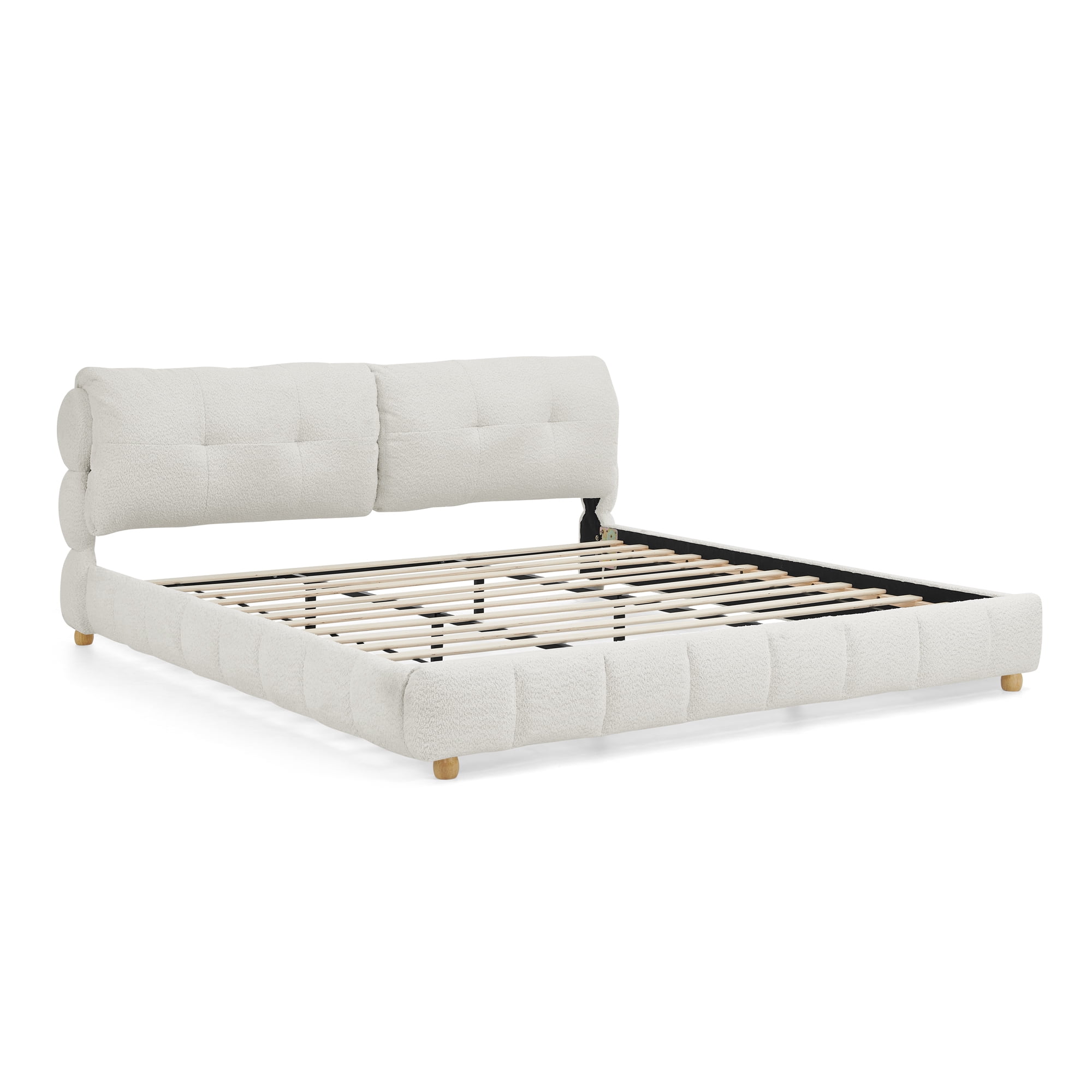 King Size Bouclé Fabric Platform Bed, Soft Cloud-Like Upholstered Frame, No Box Spring Needed