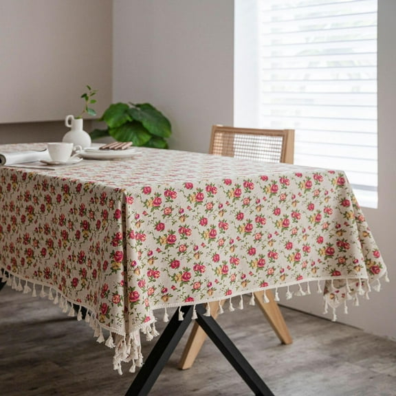 Vintage Floral Rectangle Tablecloth-Cotton Linen Fabric Resistant Tablecloths with Tassel for Outdoor Indoor Kitchen Dining Room Christmas Table Decor 140*180cm