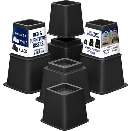 LifeMaster 8pcs Adjustable Bed Risers - 3" + 5" Heights, Heavy Duty Furniture Risers for Sofa, Couch, Under Bed Storage (Black), Total 1300lbs Support