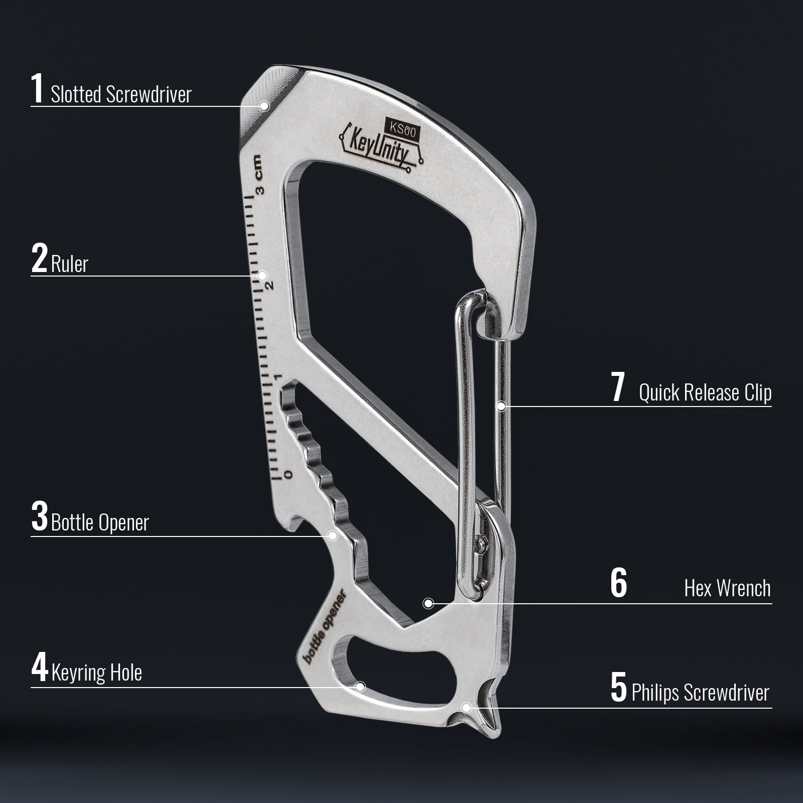 Key Unity 7-in-1 Stainless Steel Carabiner Clip, KS00 EDC Multitool with Ruler, Bottle Opener, Wrench, Key Clip, Pry Bar, Phillips Screwdriver and Slotted Screwdriver, Sliver