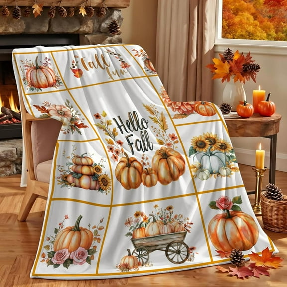Fall Pumpkin Throw Blanket, 50"x60" Hello Fall Autumn Maple Leaves Blankets Throws for Couch Fall Themed Thanksgiving Farmhouse Home Decor