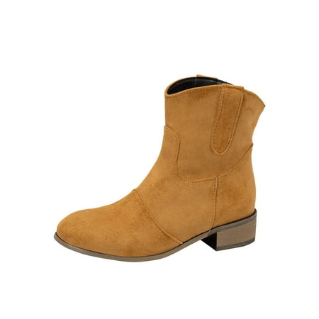 

Classic Retro Fall Winter Women Boots Womens Simple And Stylish Flock Round Toe Heels Retro Solid Color Middle High Boots