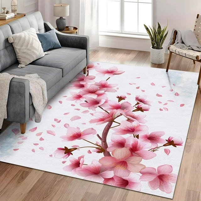 Machine Washable Rug 5x8 ft Cherry Blossom Pink Area Rugs with Non Slip Rugs for Living Room Bedroom Print Rug Carpet Stain Resistant, Home Decor Office Area Rug
