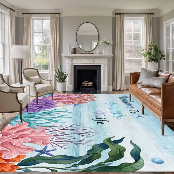 Coastal Coral Area Rugs 8'x10', Washable Small Throw Rugs for Living Room Patio, Summer Underwater Seaweed Starfish Ombre Blue Indoor Outdoor Rug Non-Slip Low Pile Carpet Runner Reversible Floor Mats