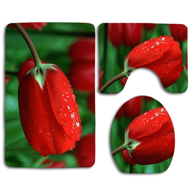 ABPHQTO Rosa roja Juego de alfombras de baño de 3 piezas Alfombra de baño Alfombra de contorno y tapa de inodoro