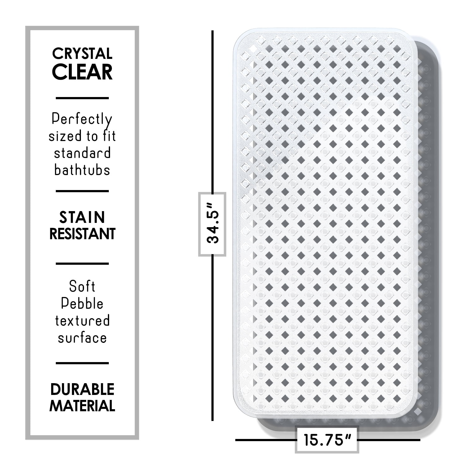 (2 pack) Virtu Non-Slip Mold Resistant Bathtub Mat With Suction Cups and Drain Holes, Heavy Duty Shower Mat, Clear
