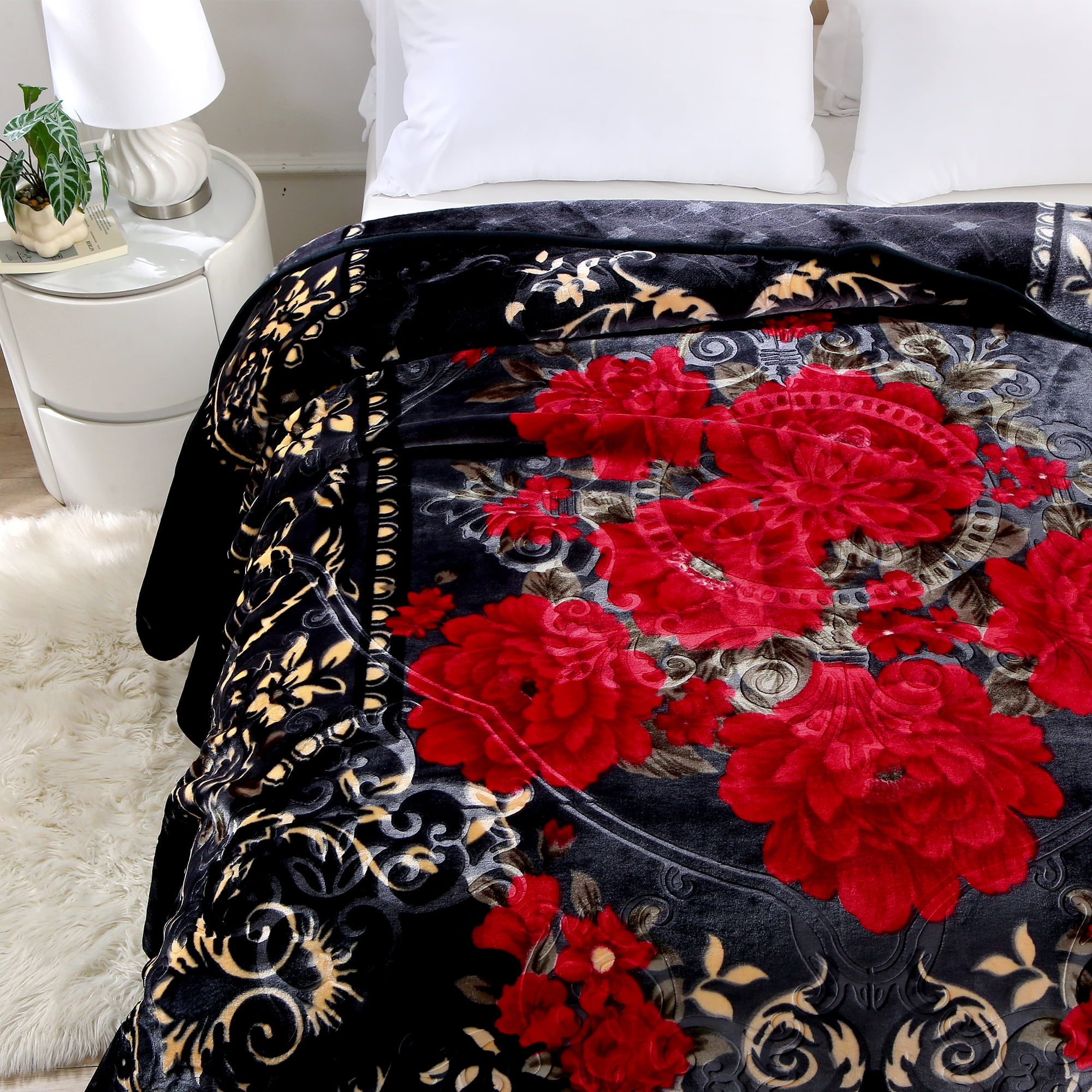 Heavy Thick Fleece Blanket King Size, 9lbs,1 Ply Silky Soft Warm Flower Embossed Raschel Winter Blanket, Minky Soft Plush Blanket for Sofa Bed, 85"x95", Black & Burgundy Floral