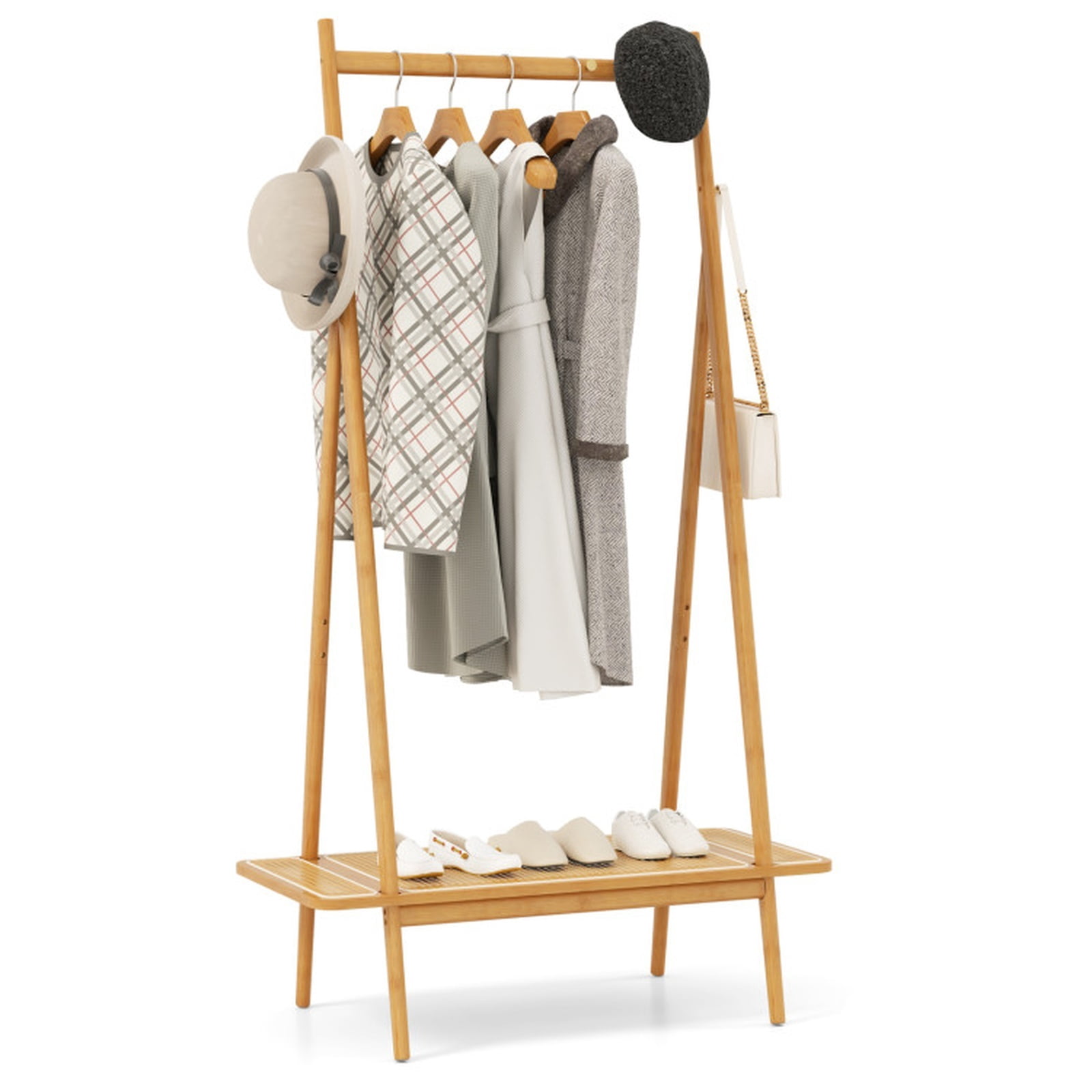 Furnibear Bamboo Clothes Rack with Hanging Rod Rattan Shelf and 5 Copper Hooks Freestanding Garment Rack for Bedroom and Entryway, Natural