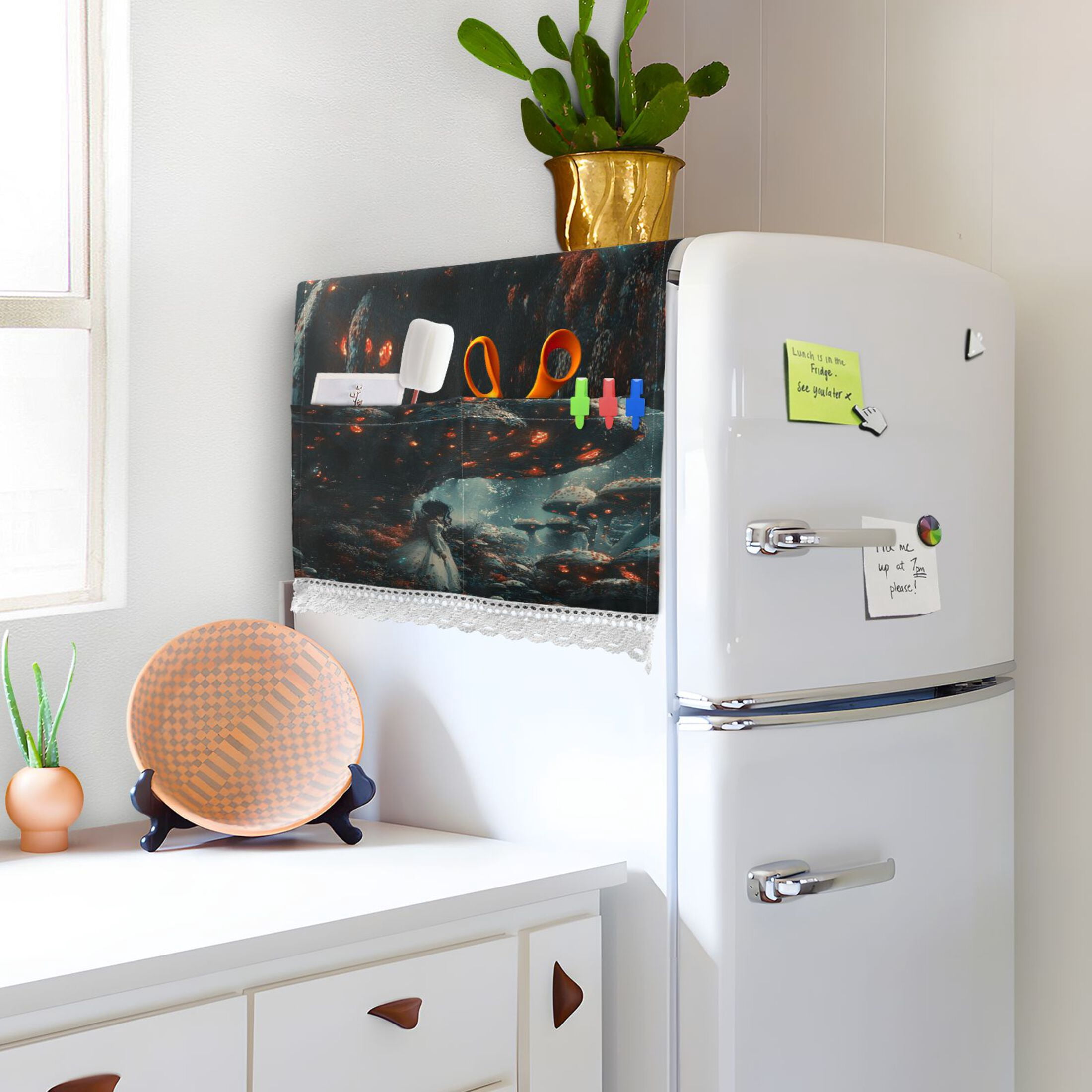 Shaped Like A MushroomWasher and Dryer Covers Dust-Proof and Oil Resistant Fridge Cover with 4 Storage Pockets Washing Machine Top Cover for Laundry Kitchen Home 51.2 x 22 In