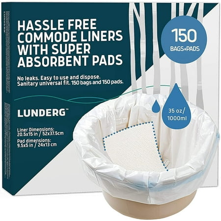 Lunderg Commode Liners with Absorbent Pads - Value Pack Medical Grade 150 Count Universal Fit - Disposable Bedside Commode Liners and Pads for Adult Commode Chairs  Portable & Camping Toilet Bags