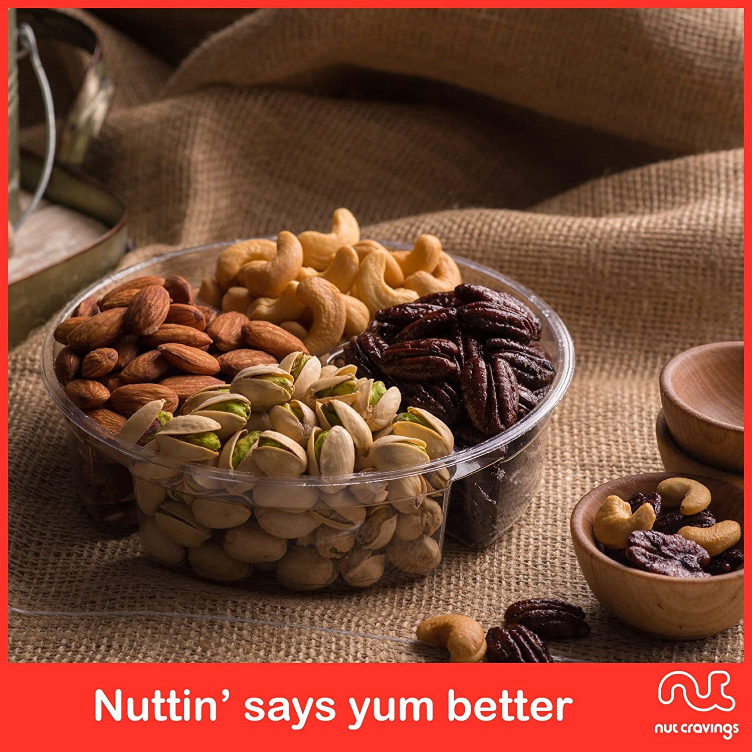 Nut Cravings Nut Gift Basket, 4 Assortments — Almonds, Cashews, Pistachios, Honey Glazed Peanuts, Kosher Gourmet Snack Tray