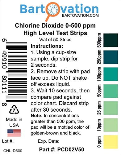 Bartovation Chlorine Dioxide Single Factor Plastic Test Strip, 0-500ppm Range [50 Strips]