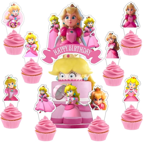 25Pcs Princess Peach Cake Decorations with 24pcs Cupcake Toppers, 1pcs Cake Topper for Kids Birthday Party Supplies