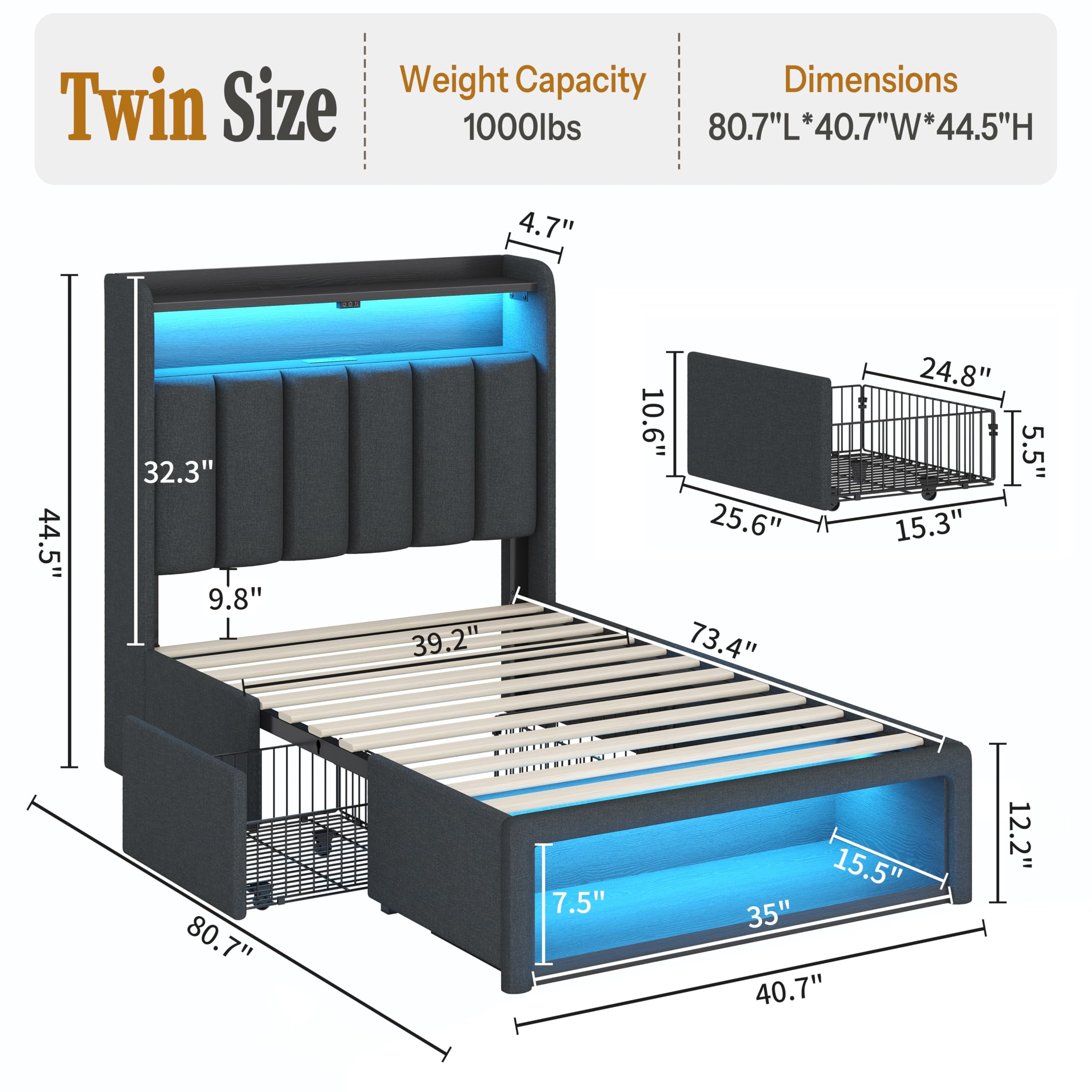 ChicZhiNest Twin Bed Frame with 2 Drawers and Storage Cabinets, Linen Upholstered Headboard LED Platform Bed with Charging Station, Dark Grey