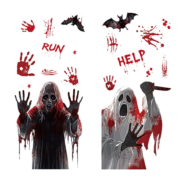 Halloween Window Clings Scary Ghost Zombie Skeleton Bloody Handprint Bat Pumpkin Stickers Set PVC Reusable 4Pcs Glass Decor 11.8x7.9in Multi Color