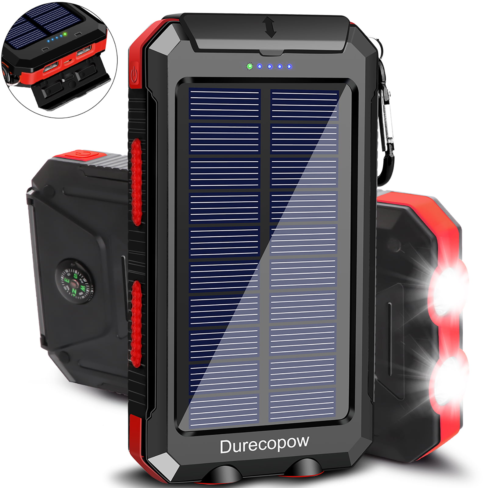 Orange Portable Charger Solar Phone Charger with 2 USB Port 2 LED Light External Battery Pack for Emergency Travelling Camping iPhone Android Cellphone Charging Solar Charger 20000mAh Power Bank 